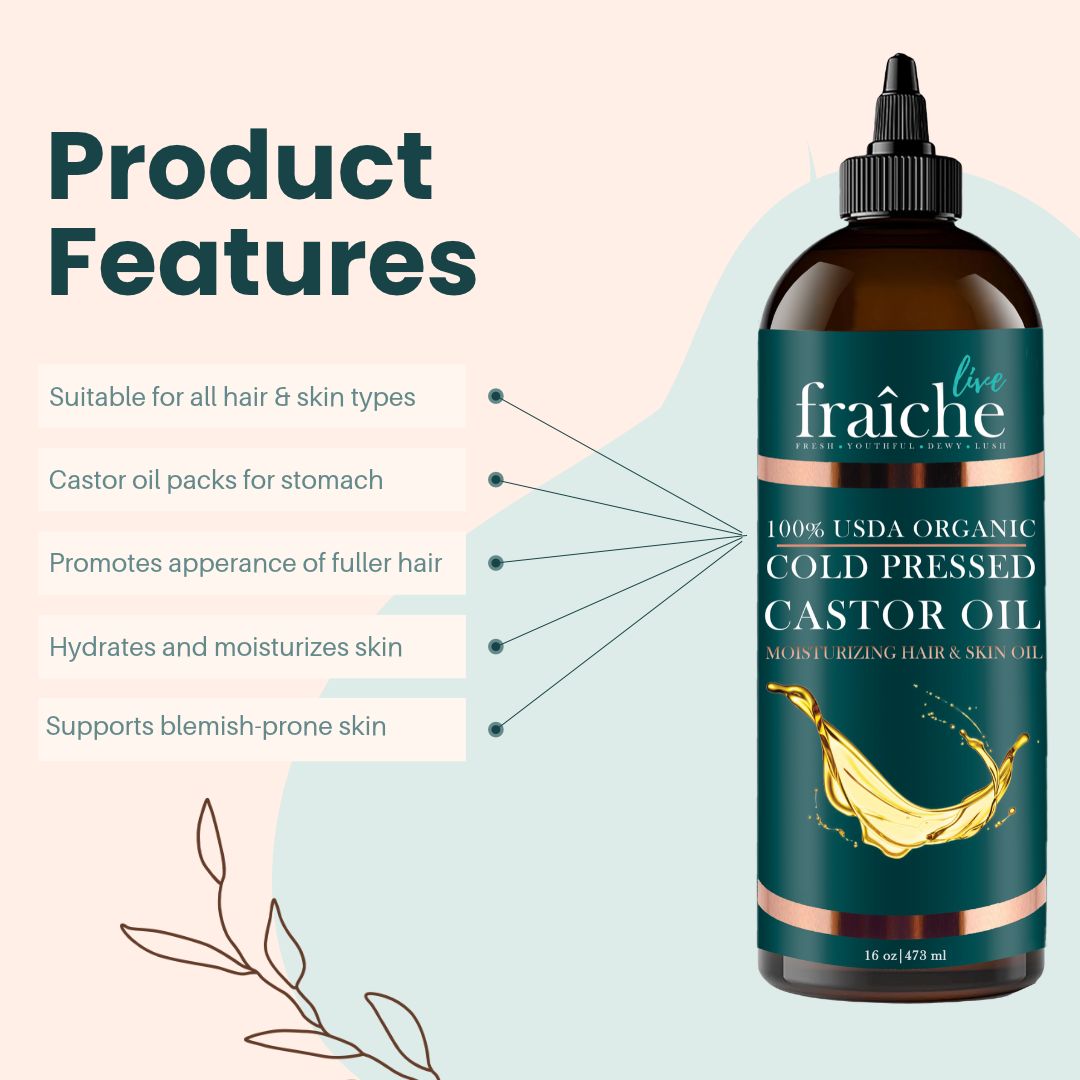 Organic Cold Pressed Castor Oil for Hair, Skin & Nails (16 oz)